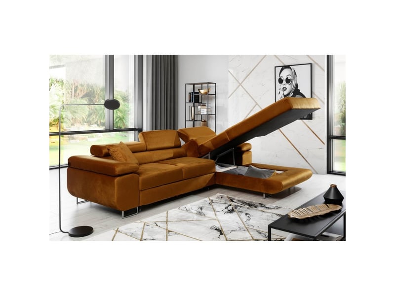 Canapé d'angle convertible amanda jaune effet velours avec coffre - Conforama D