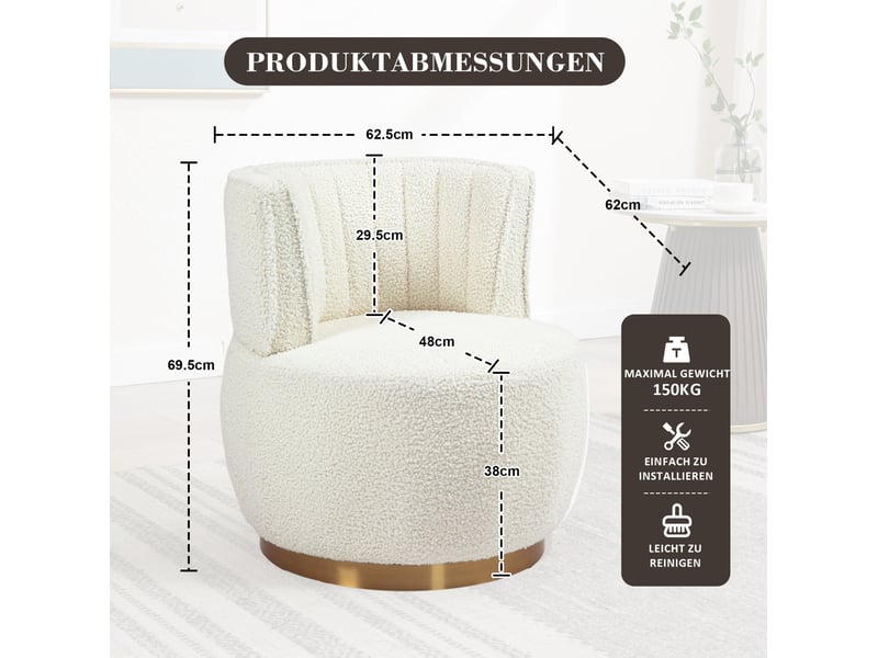 Fauteuil pivotant à 360° en tissu teddy blanc - Conforama E