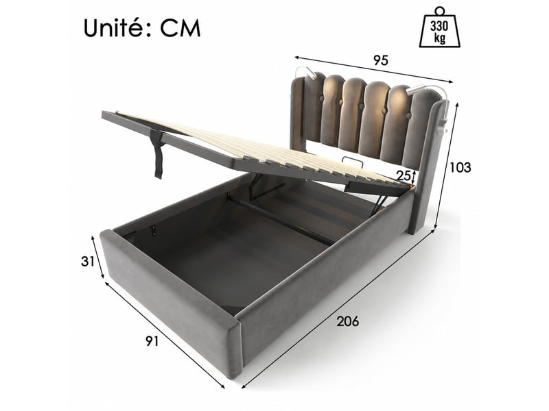  Lit coffre en velours gris, lit simple avec lampe de lecture, port usb et rangement, 90x200 cm, matelas inclus  - Conforama D