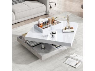 Table basse carrée avec double plateau rotatif à 360° et niche de rangement, finition brillante, en panneau blanc - uvrion