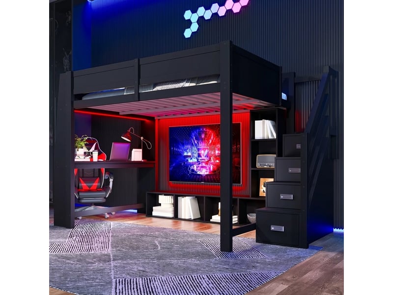  Lit mezzanine 140x200 avec bureau et escalier de rangement, éclairage led, bois, noir  - Conforama B