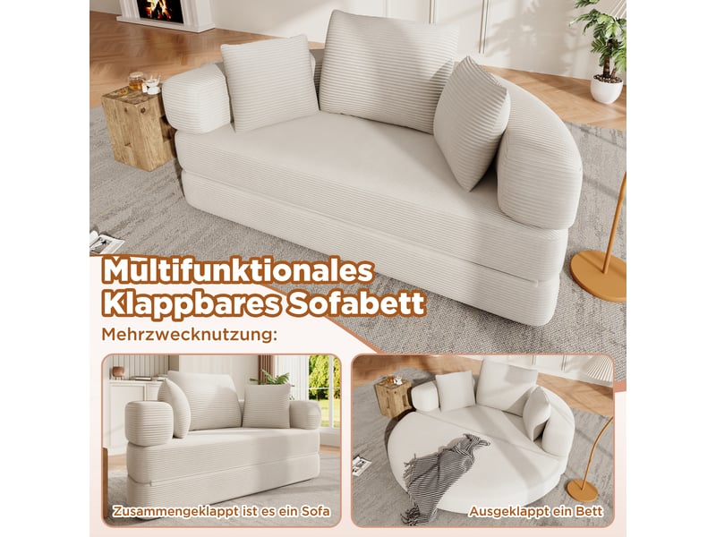  Canapé convertible 2 places en velours côtelé, 2-en-1, lit ovale 173×176 cm, sans montage, 3 coussins inclus  - Conforama D