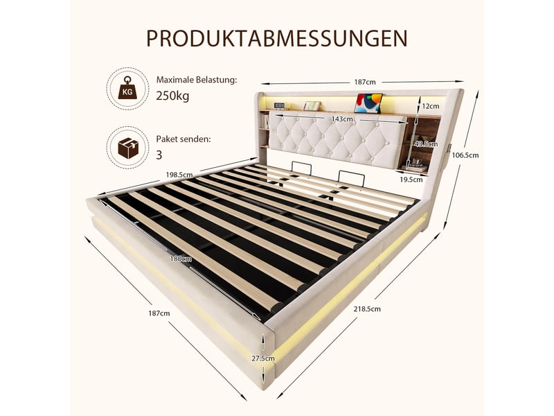  Lit coffre rembourré 180 x 200 cm, rangement hydraulique, tête de lit avec étagères, led, 2 usbtype-c, sommier à lattes, velours, beige Seren Glow - Conforama C