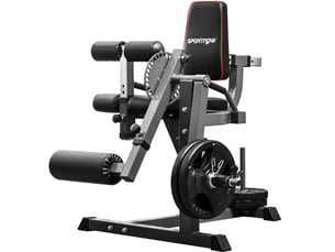 Machine de musculation jambes réglable à charge libre en acier gris, pour extension, flexion et pont fessier