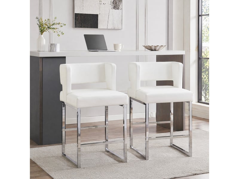  Lot de 2 tabourets de bar 53x48x91 cm, blanc, pu, métal argenté, chaises hautes assise carrée, cuisine  - Conforama B