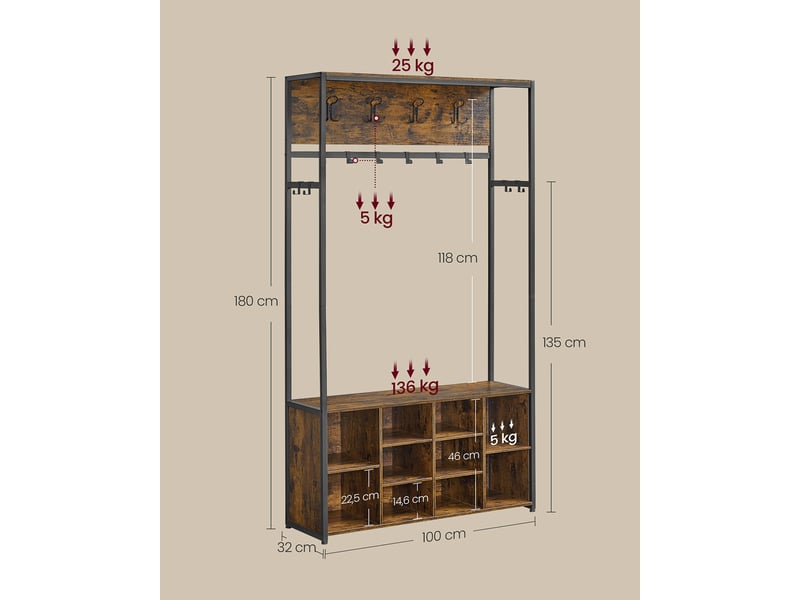 Porte-manteau meuble d’entrée avec étagères à chaussures 32 x 100 x 180 cm étagères réglables compartiments ouverts style industriel pour entrée couloir marron 12_0007072  - Conforama E