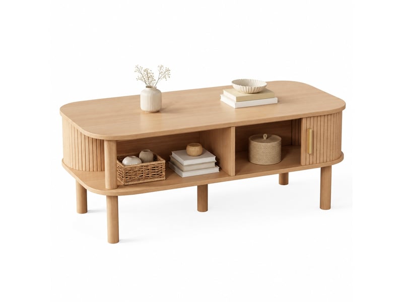  Table basse avec porte coulissante et rangement pour salon en mdf 110×55×45 cm bois naturel  - Conforama A