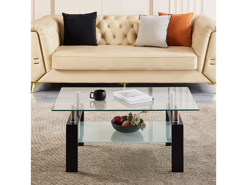 Table basse de salon rectangulaire en verre trempé transparent, 2 plateaux, structure métal, 100 x 60 x 44 cm Fay Lum - Conforama E