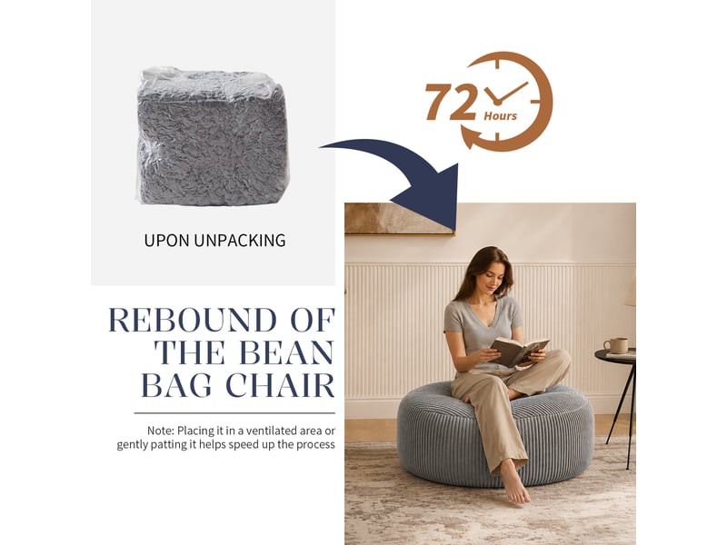  Fauteuil pouf rond avec rembourrage en mousse à mémoire de forme, assise moelleuse en velours côtelé gris clair  - Conforama C