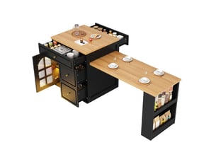 Îlot de cuisine extensible avec tiroirs, longueur réglable de 122,5 à 195,5 cm, éclairage led rgb, couleur noire.