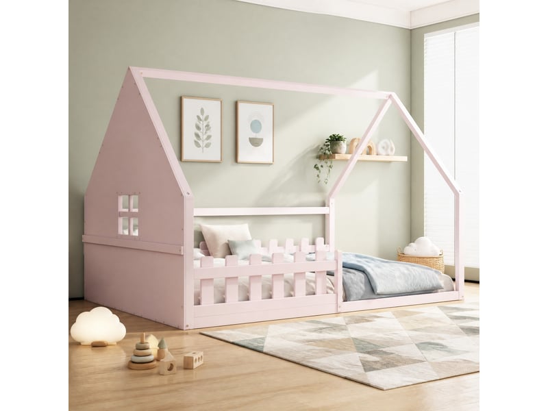  Lit enfant cabane 140 x 200 cm rose en bois de pin et mdf avec barrière  - Conforama D