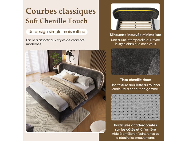  Lit rembourré 140 × 190 cm 2 places avec tête de lit et bords arrondis, sans matelas, en chenille grise  - Conforama E