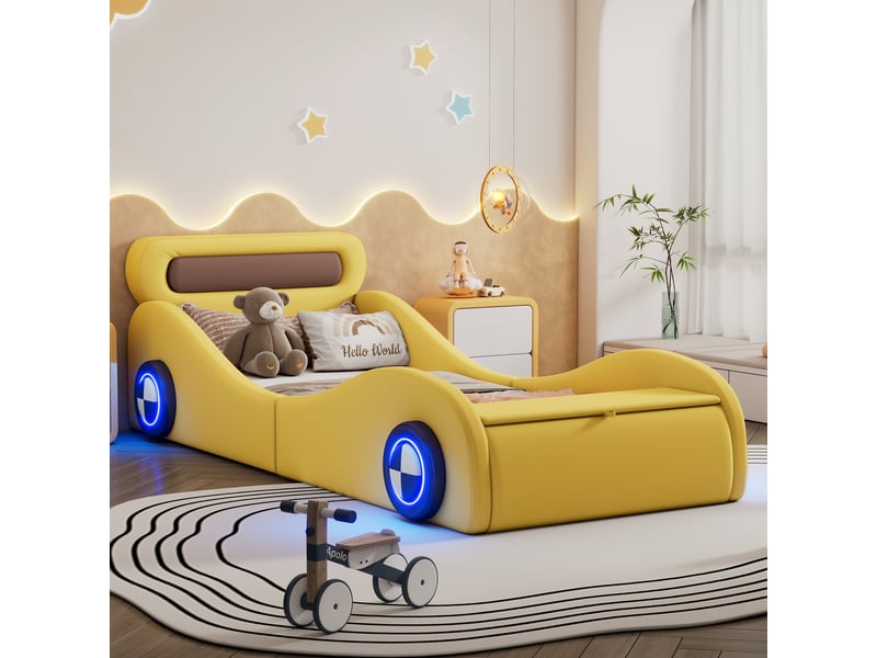  Lit voiture enfant 90x200 cm, lit simple rembourré avec 4 roues led via appli, rangement au pied, protection rembourrée, pu jaune et mdf  - Conforama C