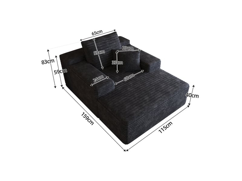  Fauteuil 1 places - 115x159cm - chaise longue modulaire en velours assise profonde, mousse haute résilience sans montage - noir  - Conforama E