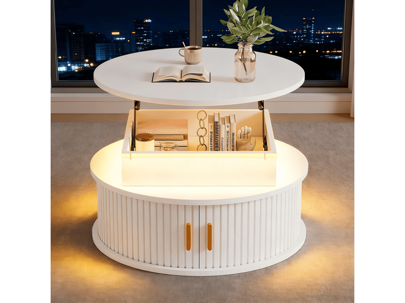  Table basse ronde 75 cm blanche avec led et rangement modulable  - Conforama R