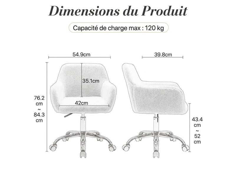  Chaise de bureau fausse fourrure blanche pivotante et réglable en hauteur, 53x53x55 cm  - Conforama C