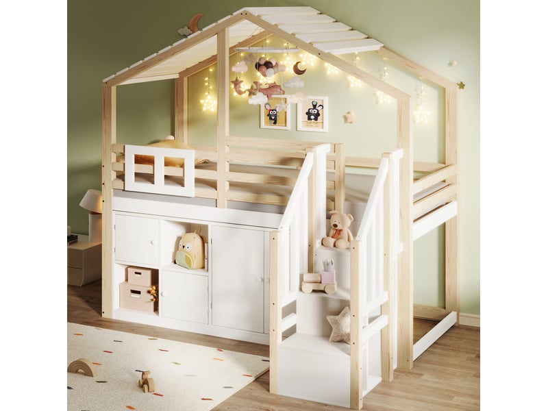  Lit mezzanine maison 90x200 cm avec rangement bois blanc et naturel sans matelas  - Conforama B