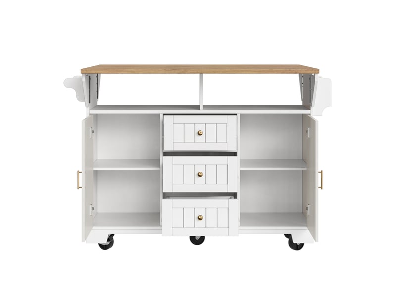  Îlot de cuisine 142,5x40(80)x95 cm avec 3 tiroirs et plateau pliable, bois et blanc  - Conforama E