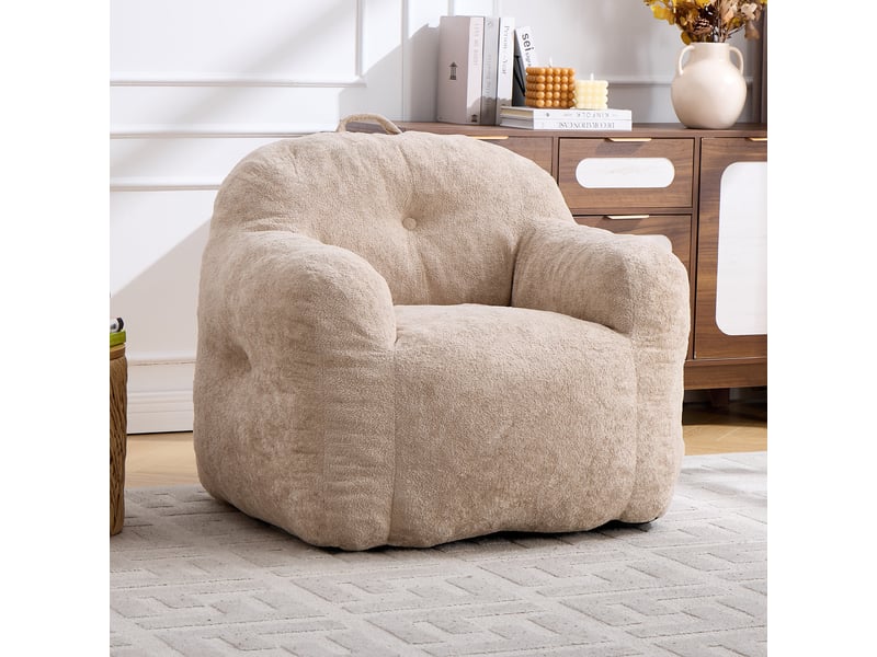  Fauteuil pouf 95x95x79 cm, garniture en éponge déchiquetée, revêtement fausse fourrure avec accoudoirs, pour salon, chambre ou lecture, beige Sol Morn - Conforama B