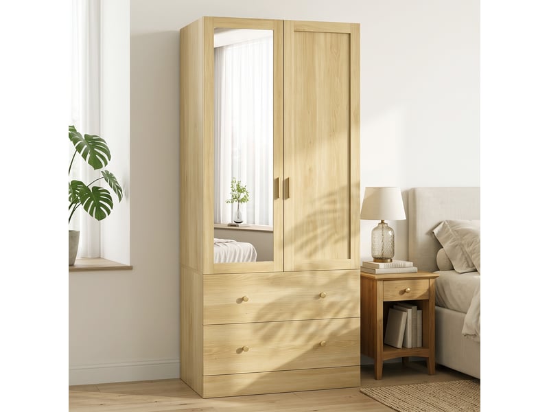  Armoire chambre penderie avec miroir, 2 portes, 80 x 50 x 180 cm, 2 tiroirs et barre de suspension, chêne  - Conforama B