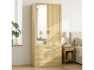 Armoire chambre penderie avec miroir, 2 portes, 80 x 50 x 180 cm, 2 tiroirs et barre de suspension, chêne