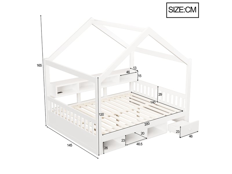  Lit 140x200 cm avec cadre de toit, rangements, bois et mdf blanc sans matelas  - Conforama C