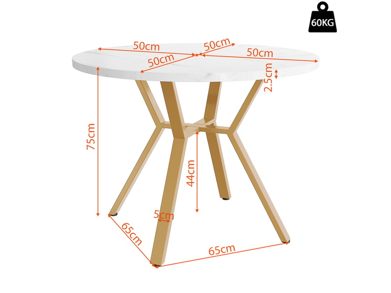 Table à manger ronde 100 cm en mdf effet marbre blanc, piètement acier doré - Conforama C