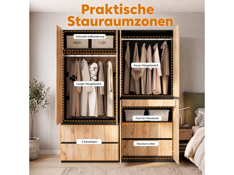  Armoire 6 portes battantes 180x50x200 cm avec 2 penderies et 5 tiroirs pour chambre chêne artisan et blanc  - Conforama B