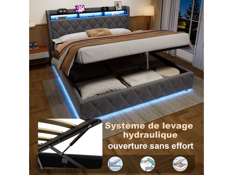  Lit coffre 180x200 cm, hydraulique, tête losange, rangement et led, étagère intégrée, velours gris, sans matelas  - Conforama E
