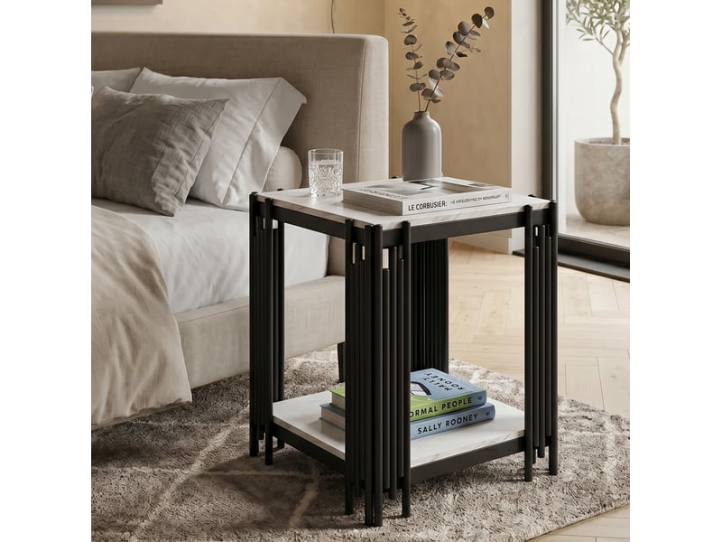  Table de chevet tcqpz 43 x 40 x 54,7 cm 2 niveaux mdf effet marbre blanc et noir  - Conforama E
