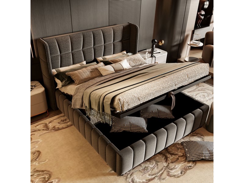  Lit coffre 180 x 200 cm avec rangement pneumatique, tête de lit capitonnée, sommier à lattes, lin gris  - Conforama E