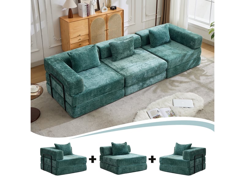  Canapé convertible 3 places - 300x100x63cm - canapé lit modulaire tissu chenille et mousse sans montage - vert foncé  - Conforama C