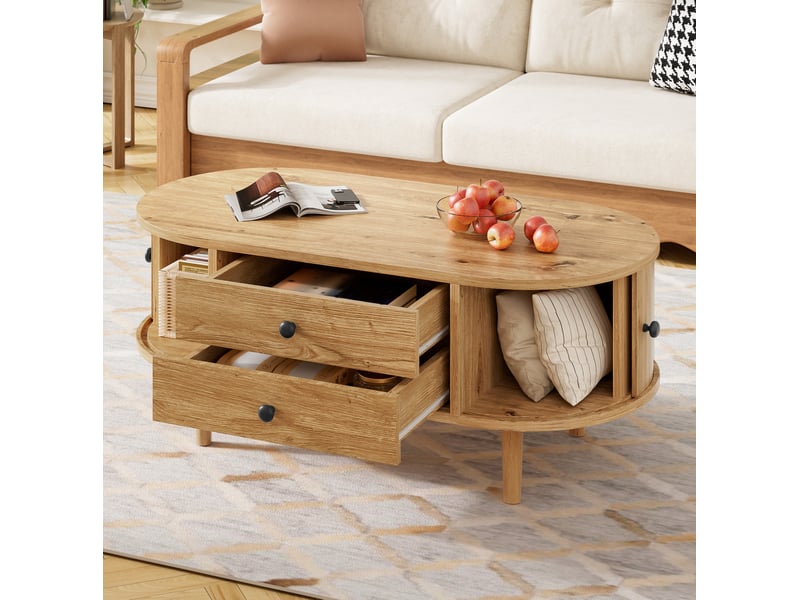  Table basse tcqpz ovale 100 x 50 x 40 cm portes coulissantes 2 tiroirs mdf coloris chêne  - Conforama B