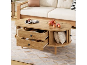 Table basse tcqpz ovale 100 x 50 x 40 cm portes coulissantes 2 tiroirs mdf coloris chêne
