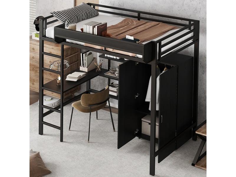  Lit superposé en fer, idéal pour enfants et adolescents, avec table et armoire, nombreux rangements, échelle à 5 marches, fer et panneaux de particules, noir, 90 x 200 cm  - Conforama B