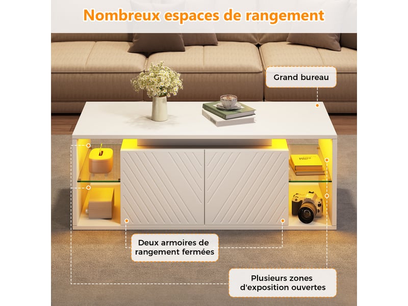 Table basse 100x50x41 cm avec led via appli, 2 portes, rangements semi-ouverts, façades à motif diagonal, panneau blanc, pour salon moderne - Conforama E