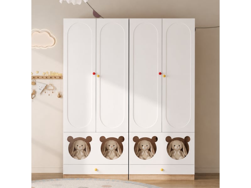  Armoire enfant 80x50x200 cm - 2 portes, penderie, étagères, tiroirs, design ours, blanc et bois  - Conforama B