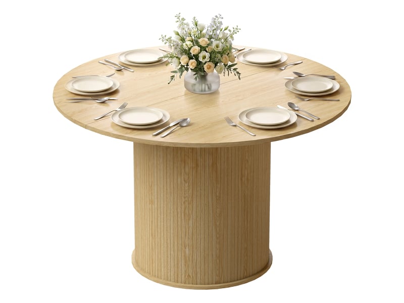  Table à manger ronde pour 4-6 personnes, ø 120 x 75 cm, table de cuisine avec base cylindrique cannelée, bois naturel  - Conforama A