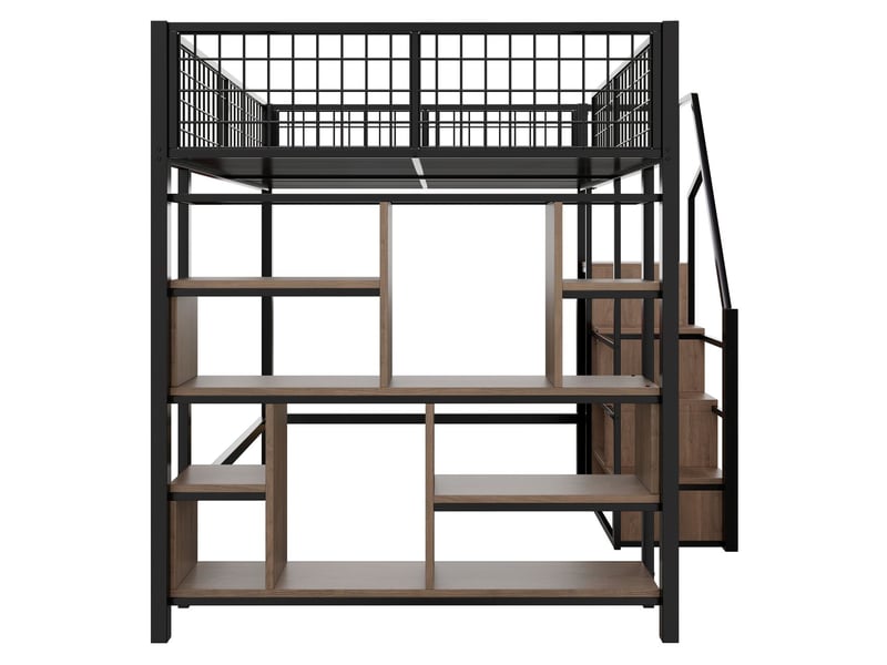  Lit mezzanine 140 x 200 avec rangements, étagères et escalier, spacieux espace sous le lit adapté aux adultes, jeunes, enfants  - Conforama D