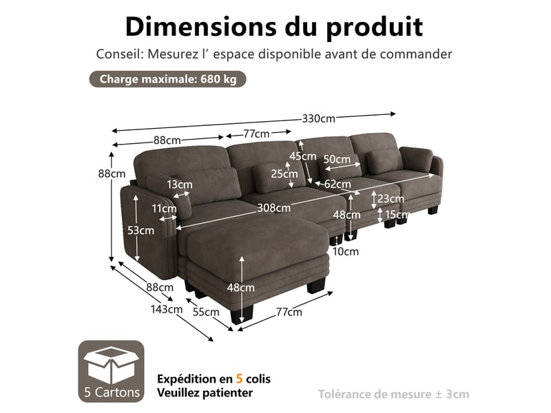  Canapé d'angle modulaire tcqpz 4 places 330 x 143 x 88 cm avec ottomane chenille marron  - Conforama C