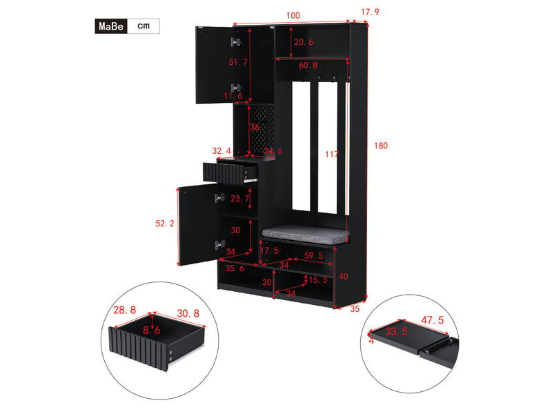  Porte-manteau, meuble d’entrée, vestiaire, portant, avec banc et étagères à chaussures, crochets, noir RN Store - Conforama C