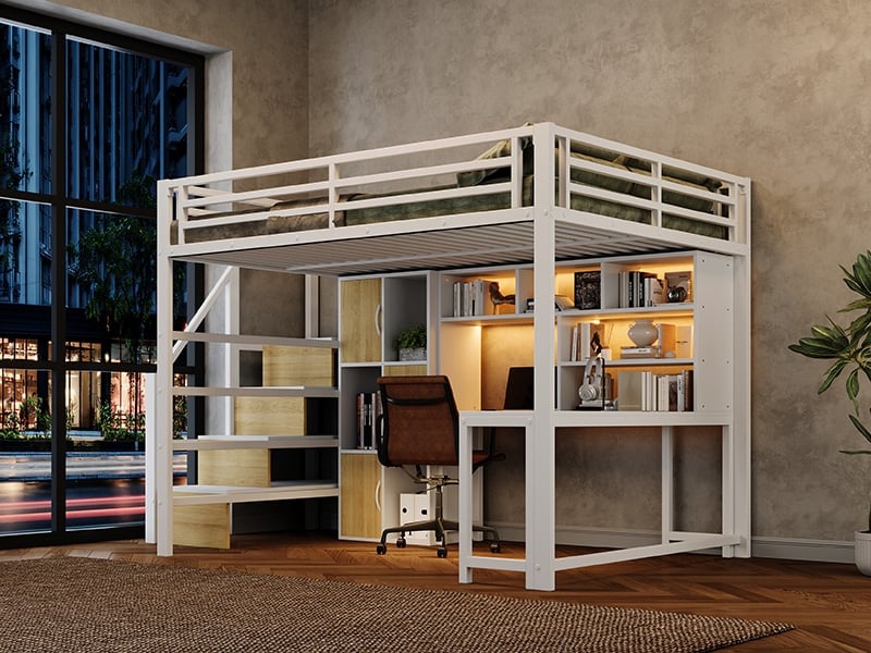 Lit superposé 140x200cm, escalier avec rangements, compartiment de rangement, bande lumineuse led, blanc - Conforama B