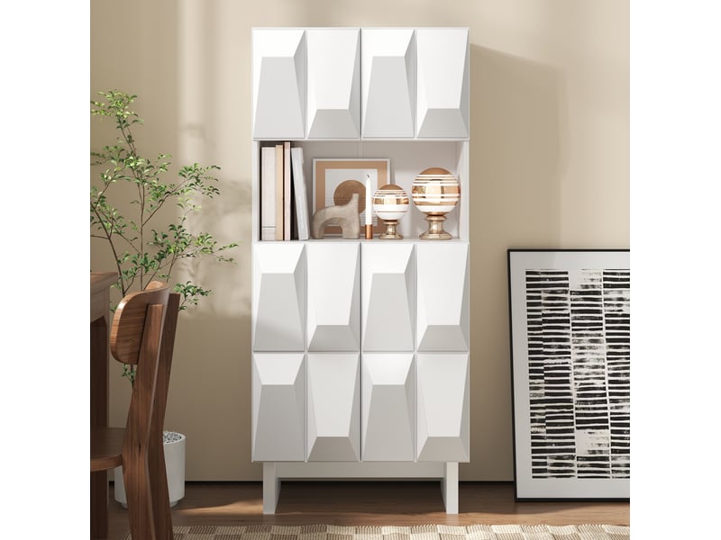  Buffet haut 60,5x34x135,5 cm, 4 portes, relief géométrique, niche ouverte, panneau de particules, blanc  - Conforama E