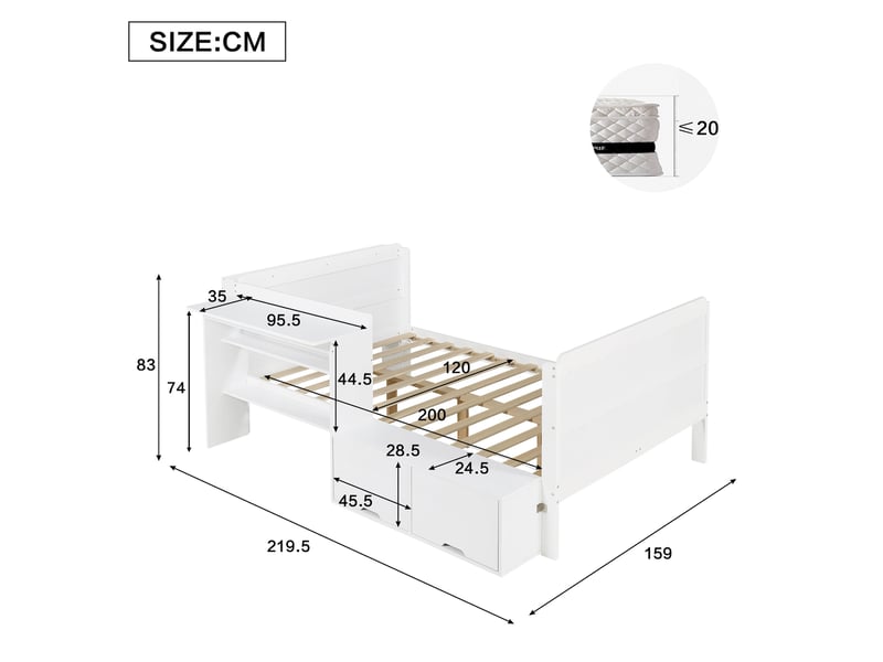  Lit combiné 120 × 200 cm 1 place avec bureau, rangement à abattant et étagère, sans matelas, en pin, blanc  - Conforama D