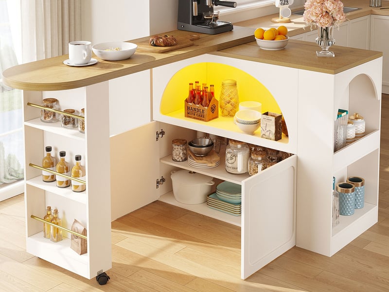 Buffet de cuisine, mobile table de bar extensible 135-205×39×100cm avec led, porte bombée,blanc  - Conforama B