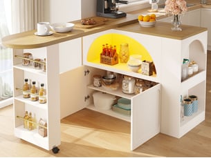 Buffet de cuisine, mobile table de bar extensible 135-205×39×100cm avec led, porte bombée,blanc