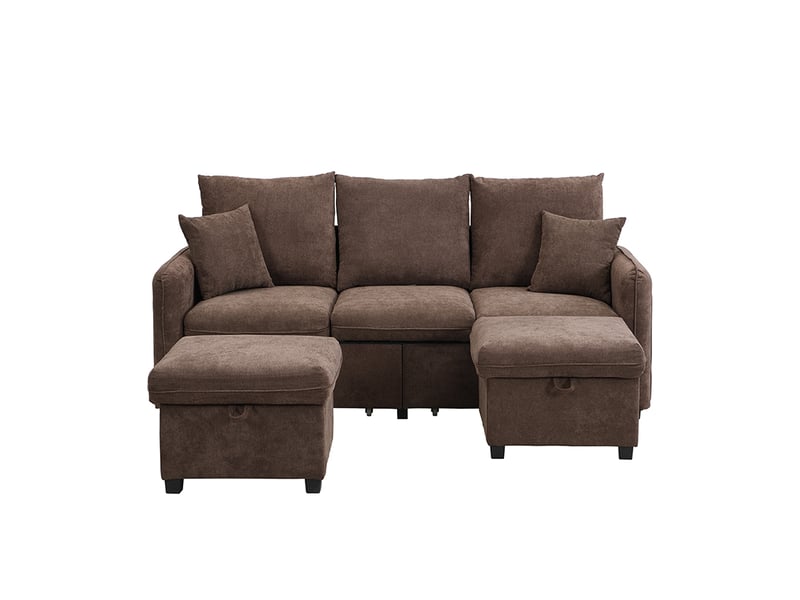  Canapé d'angle 3 places en tissu chenille, canapé modulable avec deux poufs, convertible en lit, rangement intégré, marron antique  - Conforama R