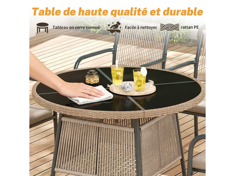  Salon de jardin 5 pièces, ensemble salon de jardin avec table ronde en verre trempé et 4 fauteuils, structure en fer, coussins inclus  - Conforama E