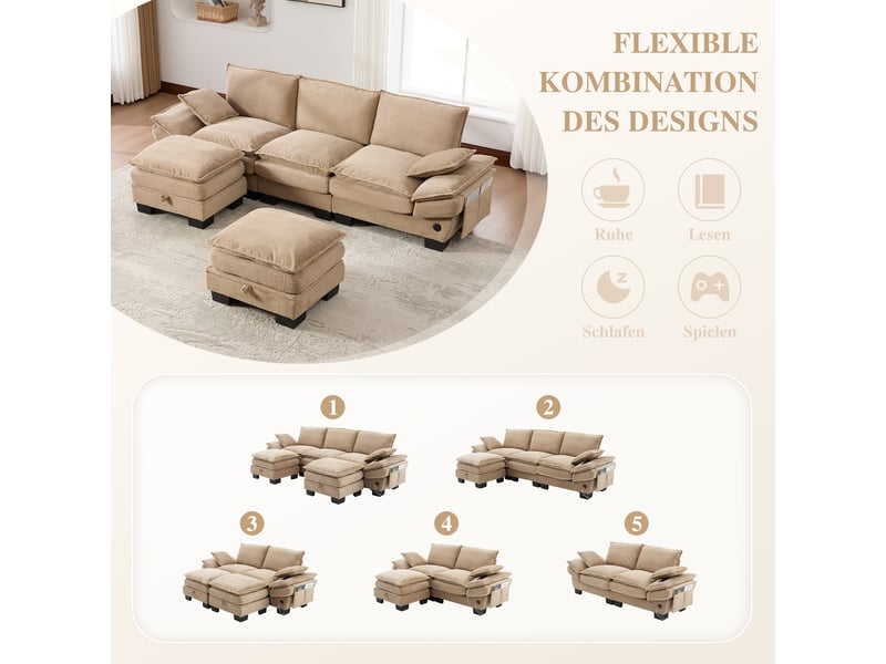 Canapé d'angle panoramique fixe 3 places tissu kaki - Conforama E