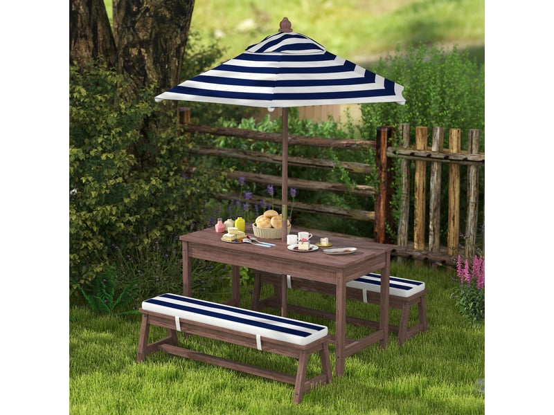  Ensemble salon de jardin extérieur enfant avec coussins et parasol amovible, rayé bleu marine et blanc  - Conforama C